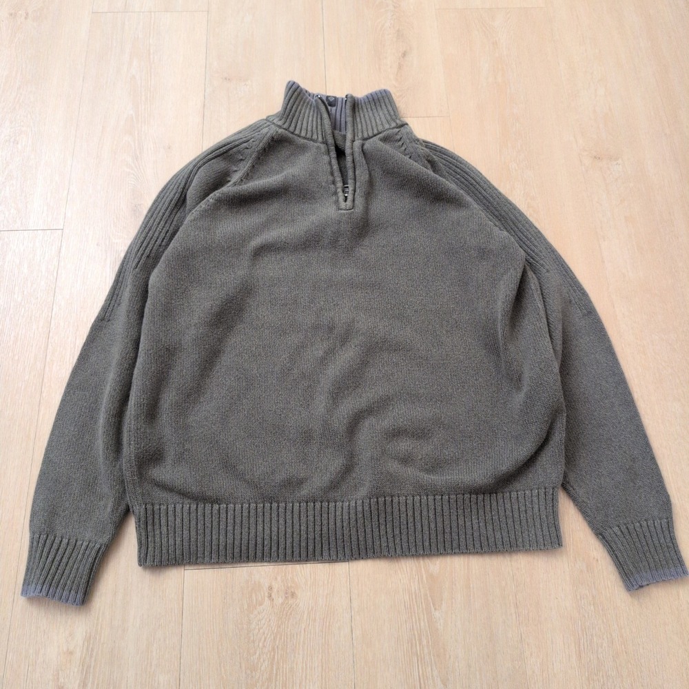 VTG Columbia Men Medium Quarter Zip Sweater Olive Green Mock Neck Knit Pullover